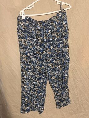 Floral Wide-Leg Drawstring Pants - Navy & Mustard